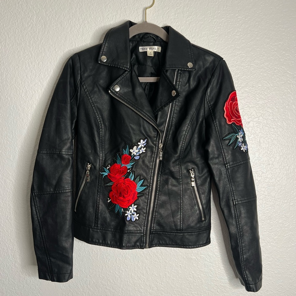 Say What Rose Embroidered Leather Biker Jacket Small